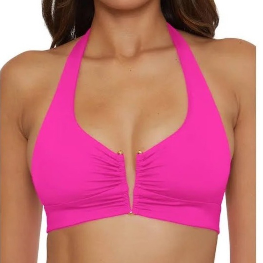 BECCA Shirred V-Wire Halter Bikini Top Pink Flambé Women's Size Small‎